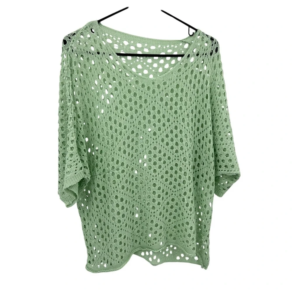 Boho Crochet Sweater Top Oversized Open Knit Festival Indie Green‎ Beachy